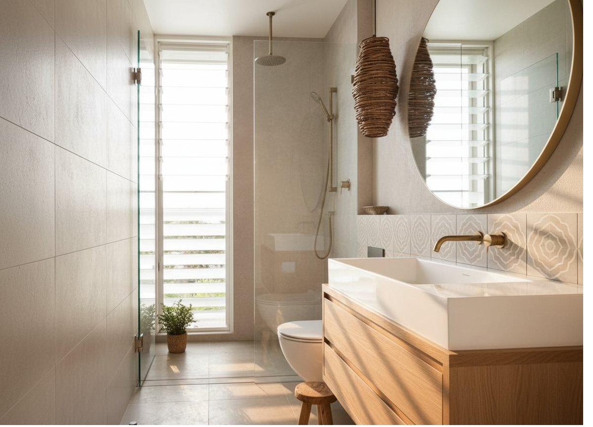 Casa de banho en-suite com acabamentos em pedra