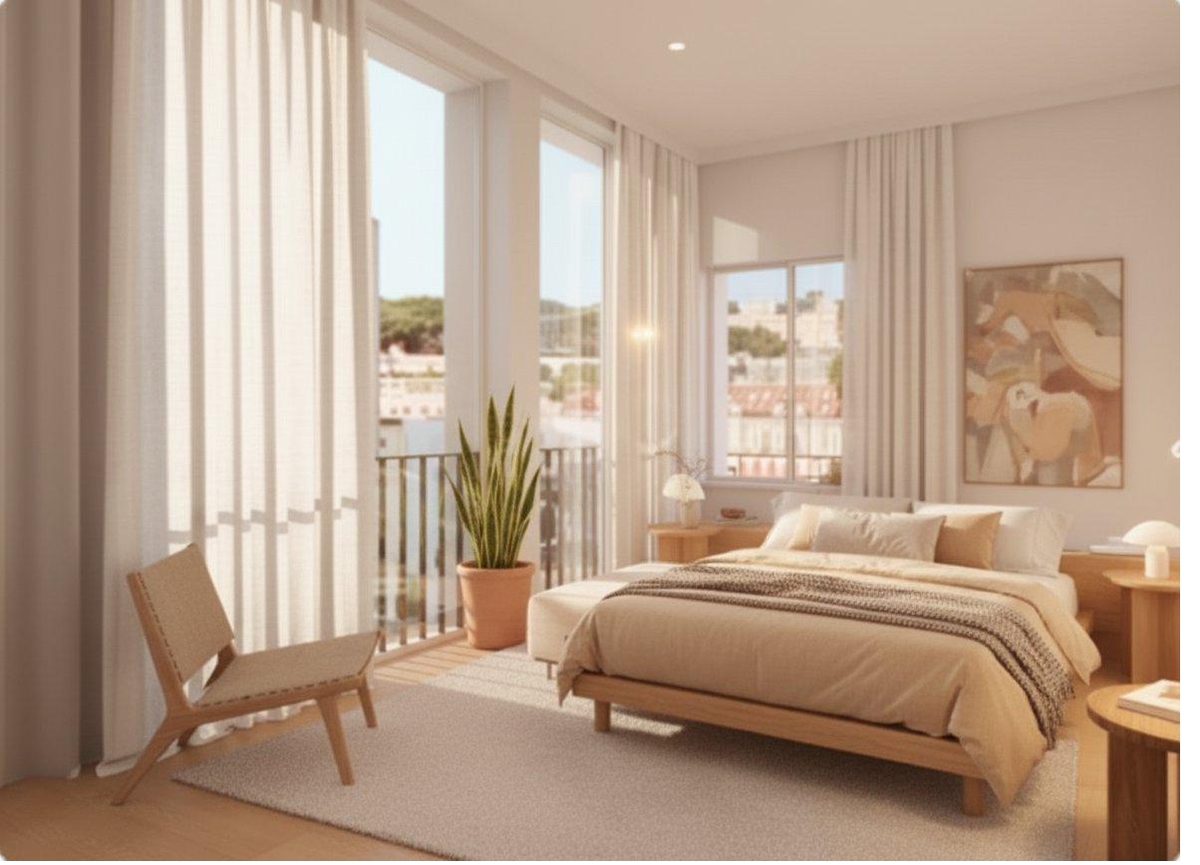 Quarto principal com varanda e luz natural