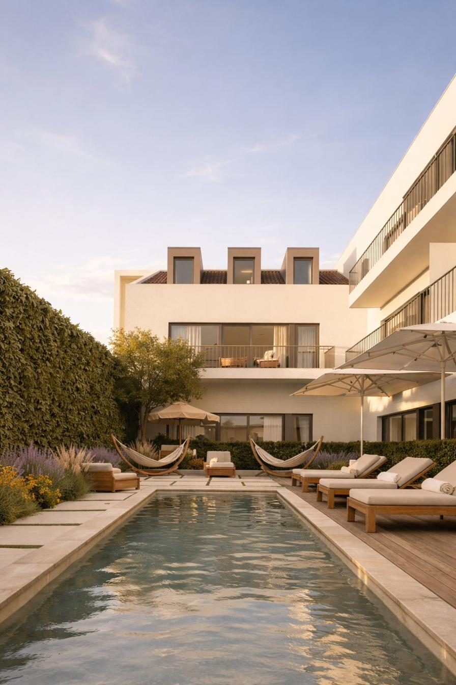 Brasileira Setúbal ao entardecer — edifício restaurado com pátio privado