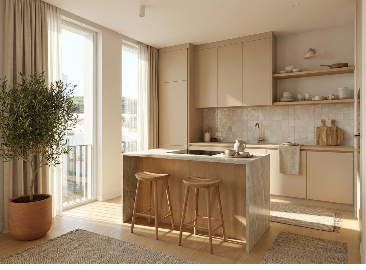 Cozinha com ilha em madeira e vista para a cidade