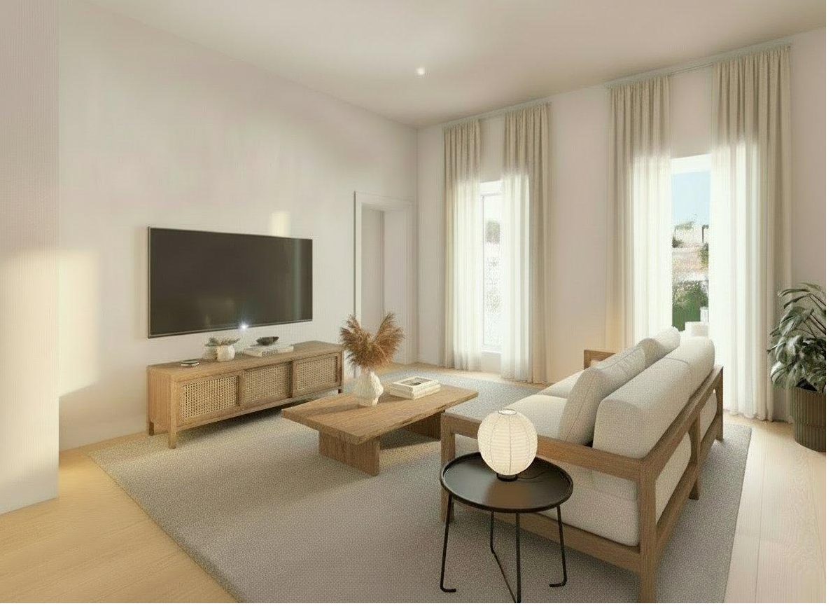 Sala de estar contemporânea com cortinados